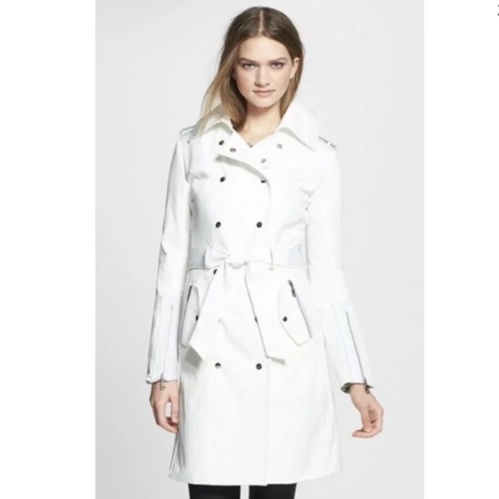 LaMarque Heather White Leather Trim Trench Coat